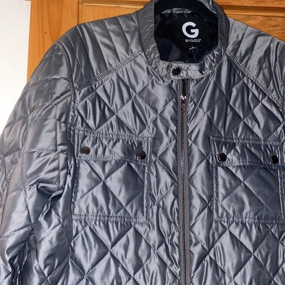 G by guess quilted jacket gray front zippered pockets size XL